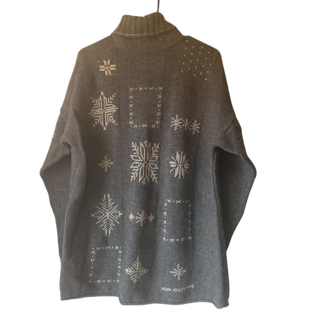 Vintage 90's Laura Ashley Signed Gray Wool Turtleneck Sweater Snowflake Large